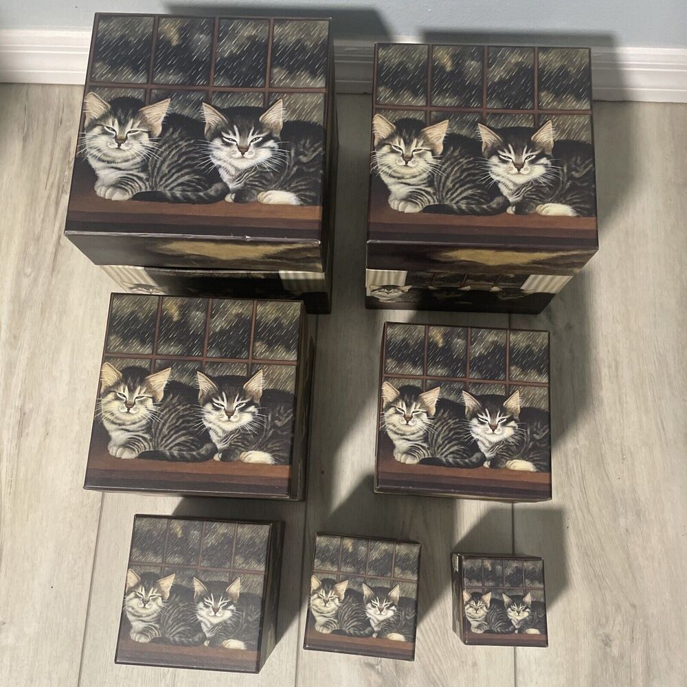 Complete Set of 7 Bobs Boxes Cat Decor Design Stackable Nesting Boxes